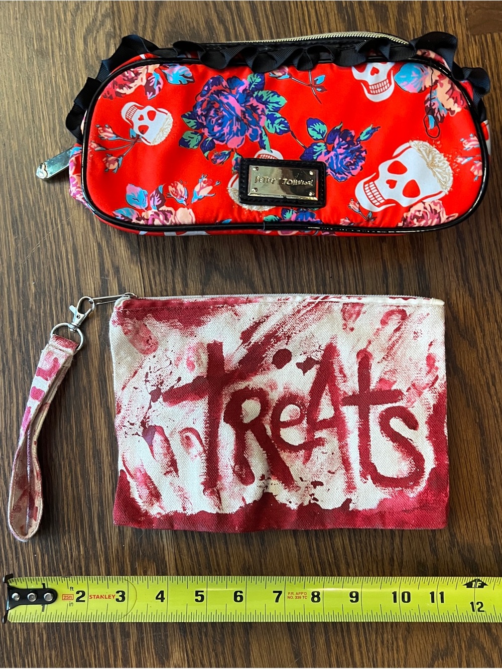 Betsey Johnson Red Floral Skull Cosmetic Pouch with Black Trim Halloween